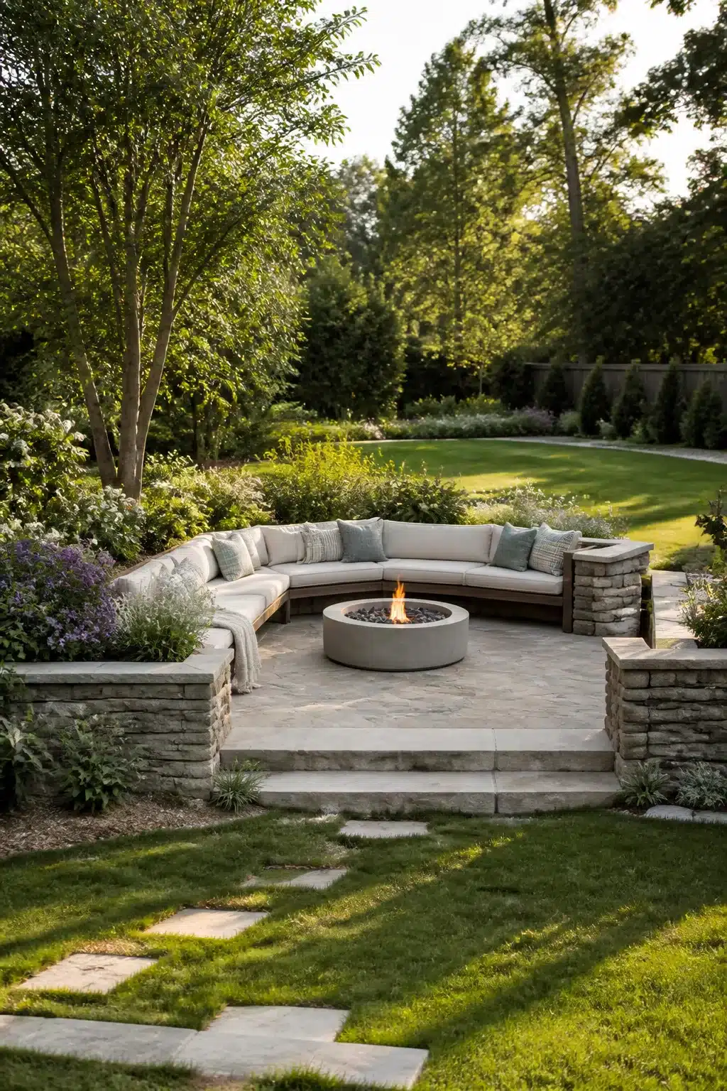 Sunken stone patio with curved built-in seating and fire pit — large backyard landscaping ideas for outdoor living.