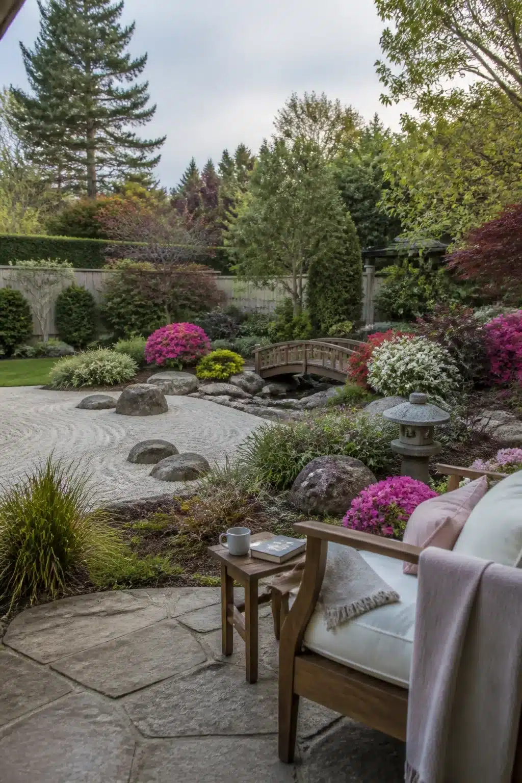 Large backyard landscaping idea with raked gravel zen garden, arched bridge, boulders, azaleas, and stone lantern