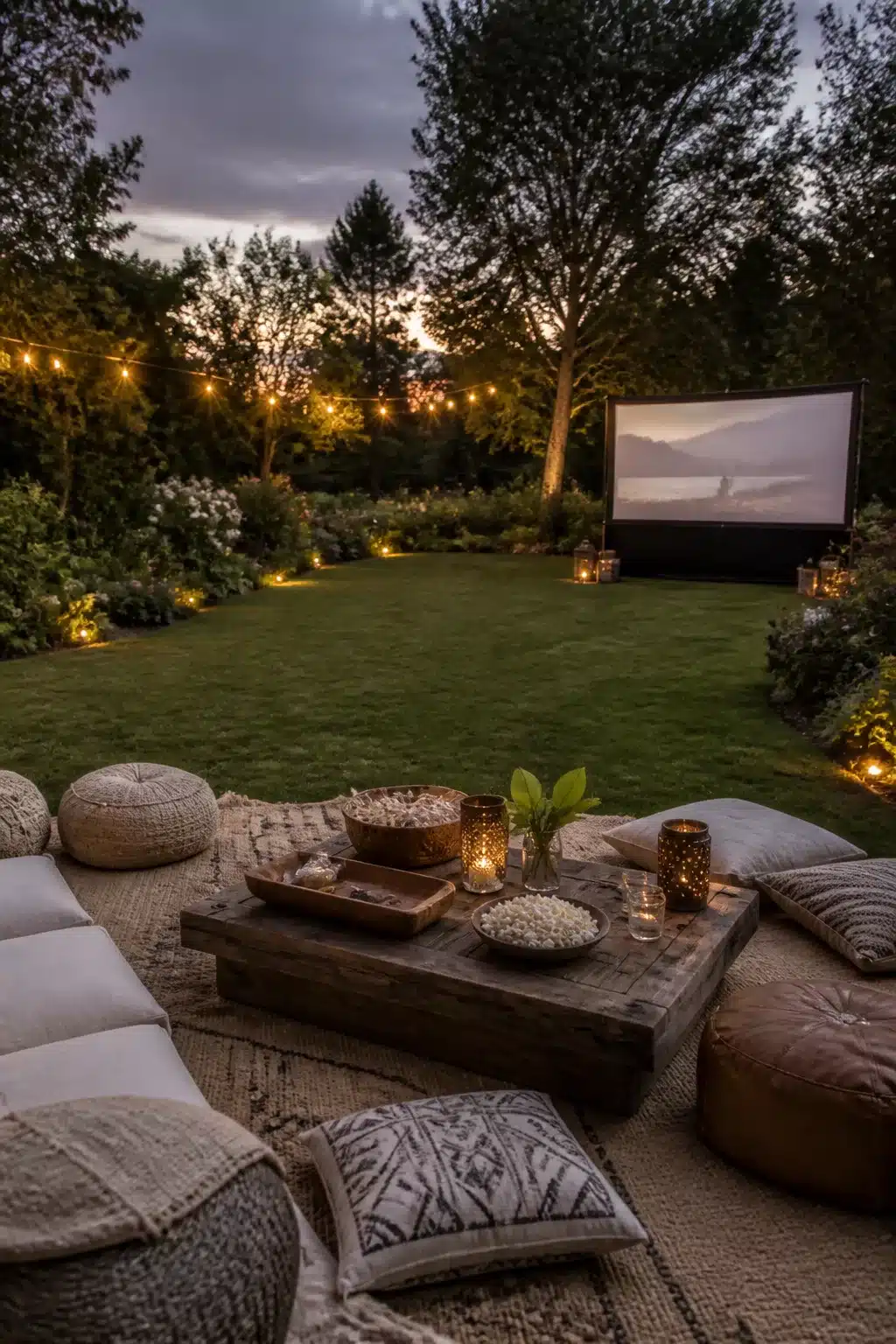 Large backyard landscaping idea with outdoor movie lawn, string lights, lanterns, and floor cushion seating at dusk