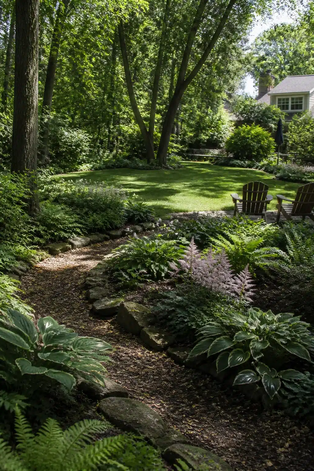 Bark mulch woodland path with hosta and fern borders in a large backyard landscaping idea under tree canopy