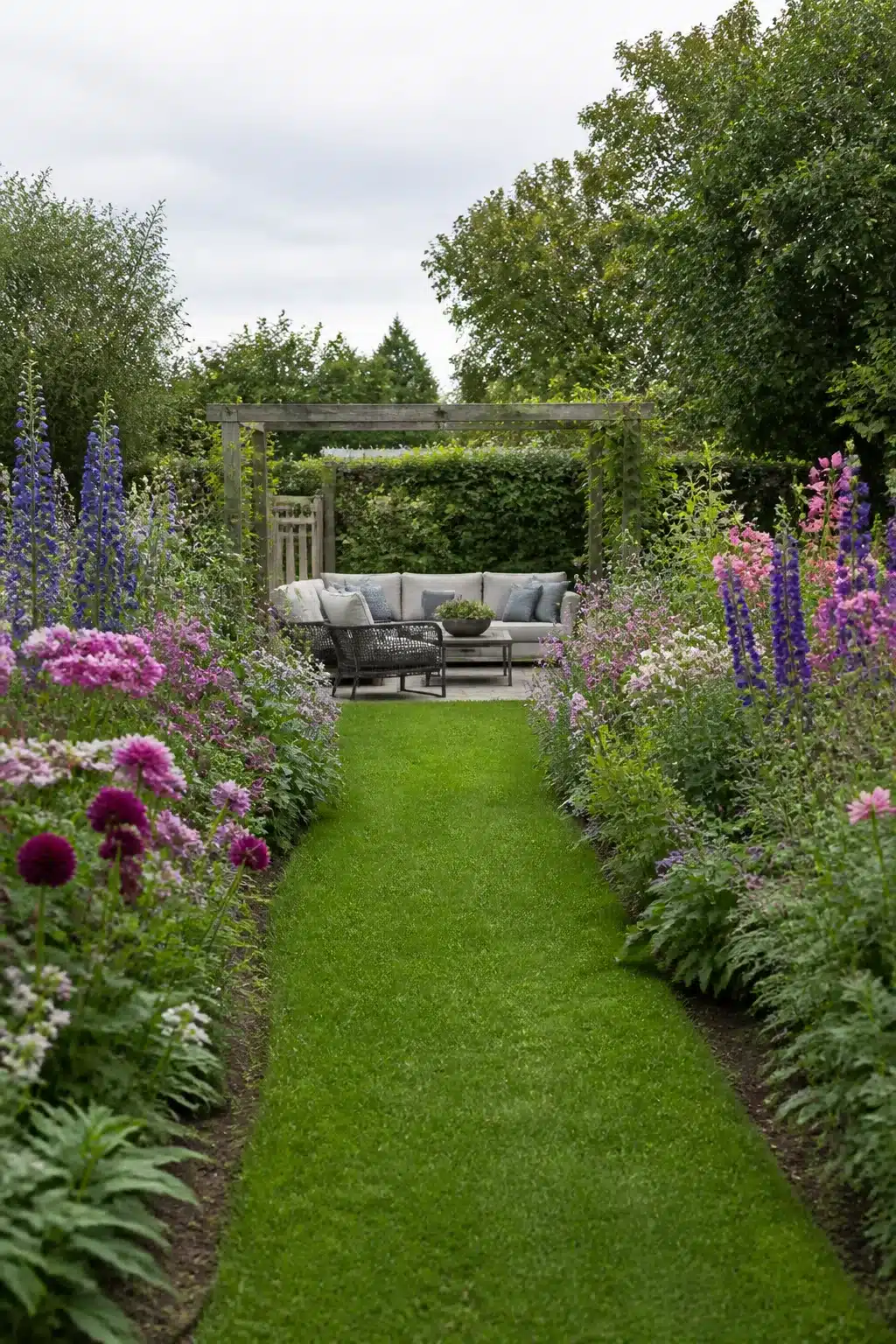 Large backyard landscaping ideas with a grass path, double herbaceous borders, purple alliums, and a pergola seating area.