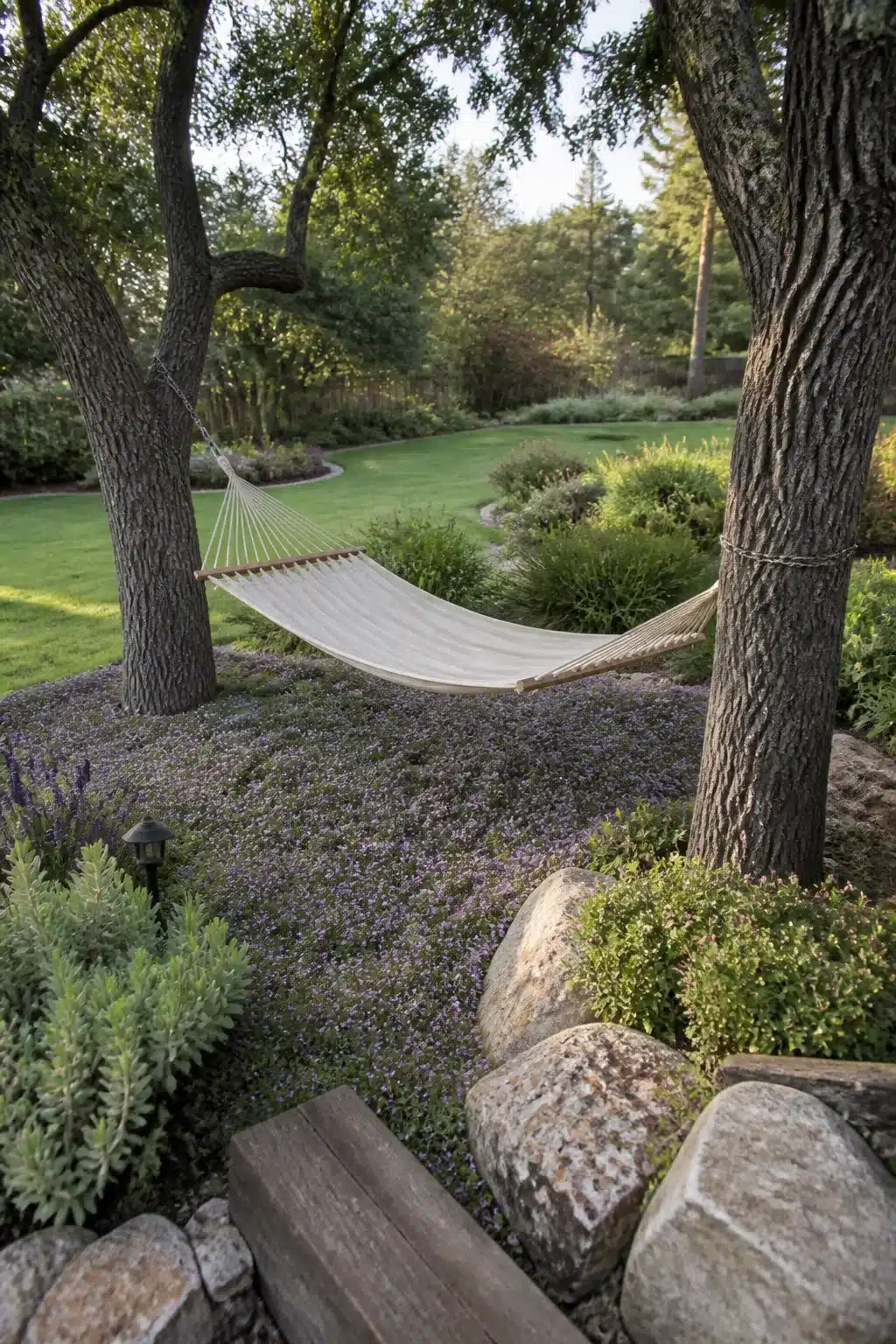 Hammock between mature oak trees over creeping thyme ground cover — large backyard landscaping ideas with naturalistic planting