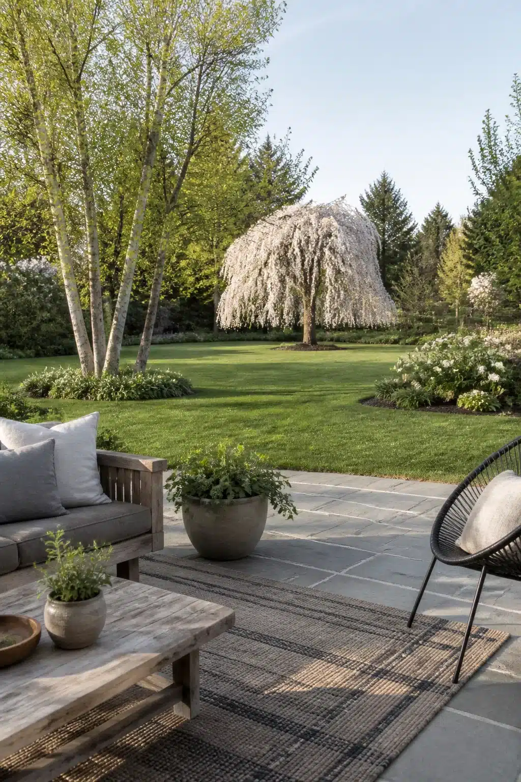 Large backyard landscaping idea with weeping cherry tree focal point and bluestone patio seating area