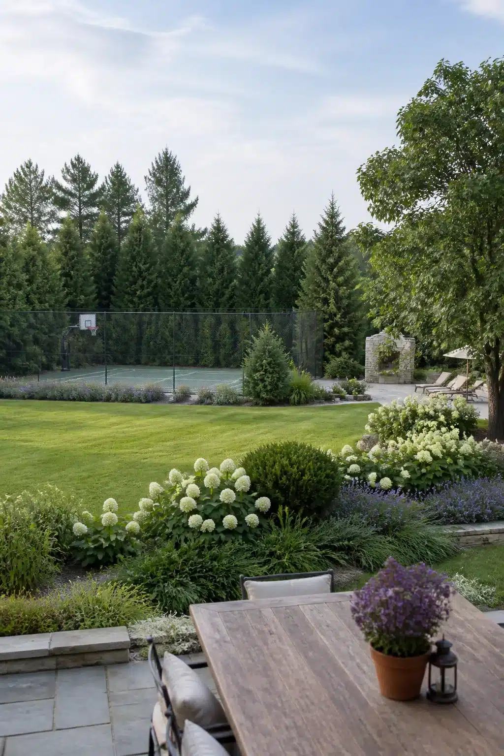 Large backyard landscaping ideas with sports court, white hydrangea border, and stone fireplace seating area.