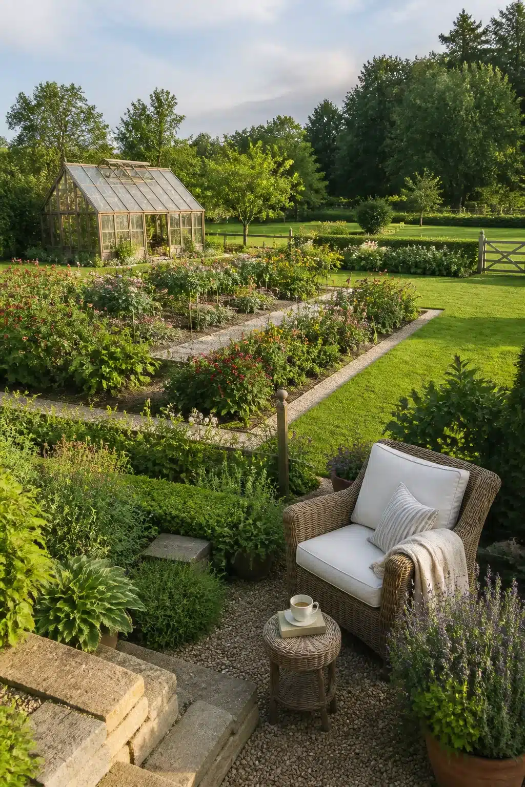 Victorian greenhouse and cutting garden beds in a large backyard landscaping idea with gravel paths and wicker seating