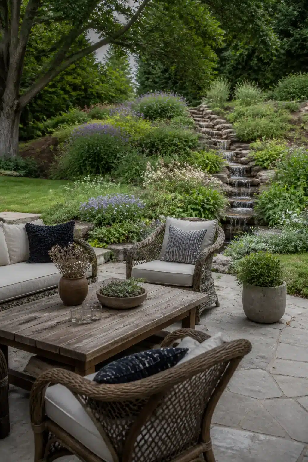 Stacked stone stepped water feature with perennial planting and wicker patio seating — large backyard landscaping ideas
