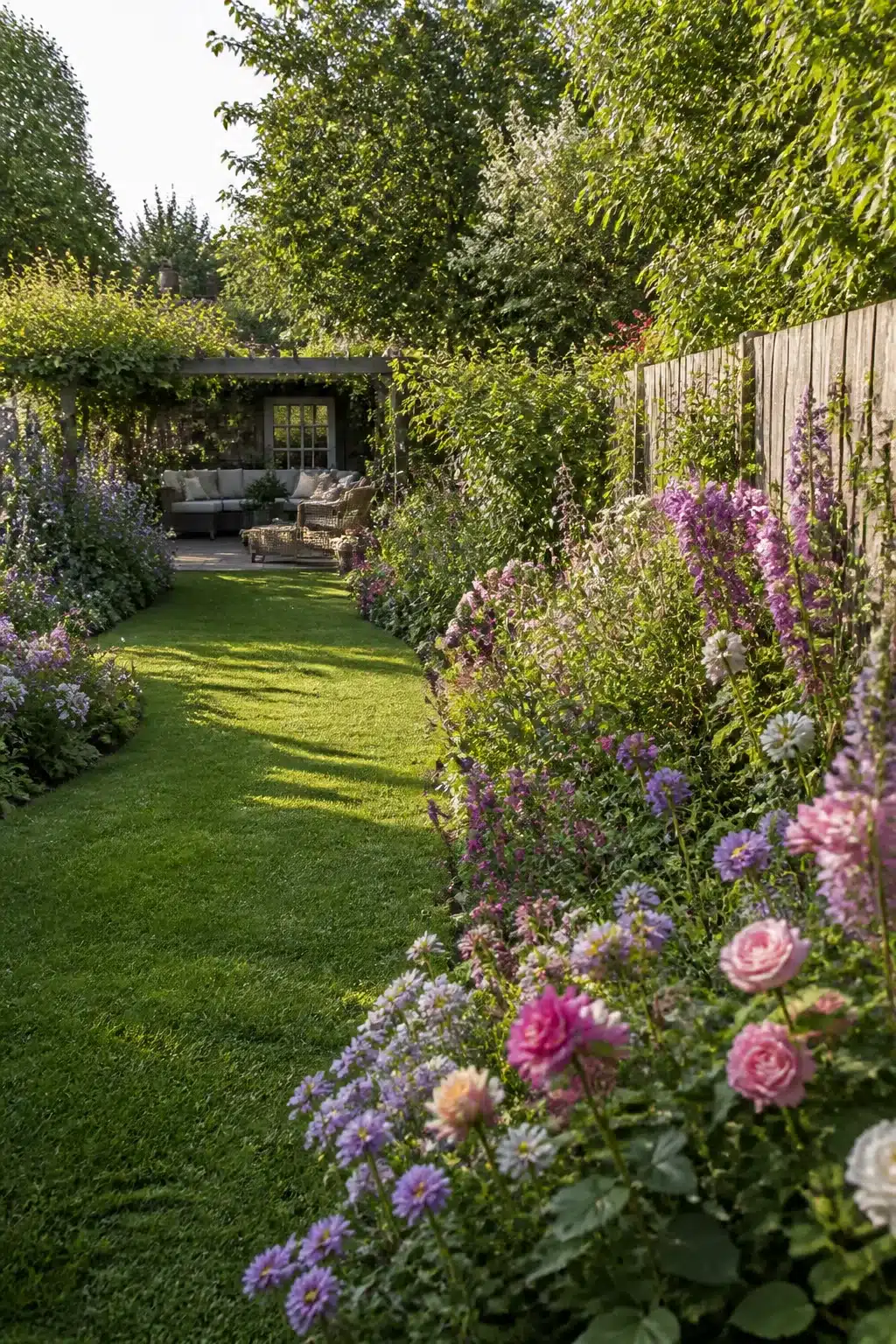 Cottage-style large backyard landscaping ideas with rose and delphinium borders lining a green lawn leading to a lounge patio