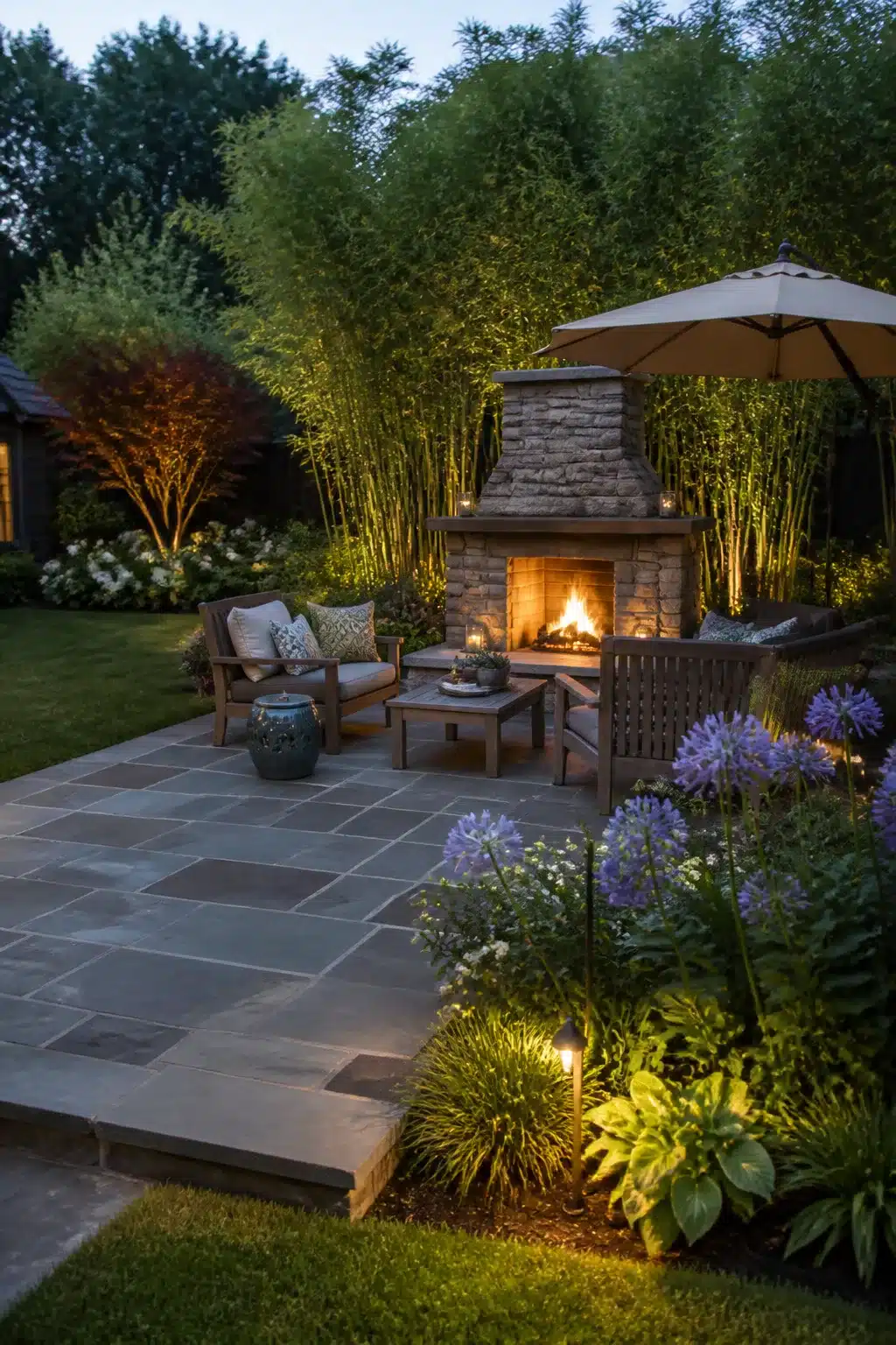 Large backyard landscaping idea with stacked stone fireplace, bamboo privacy screen, flagstone patio and evening lighting