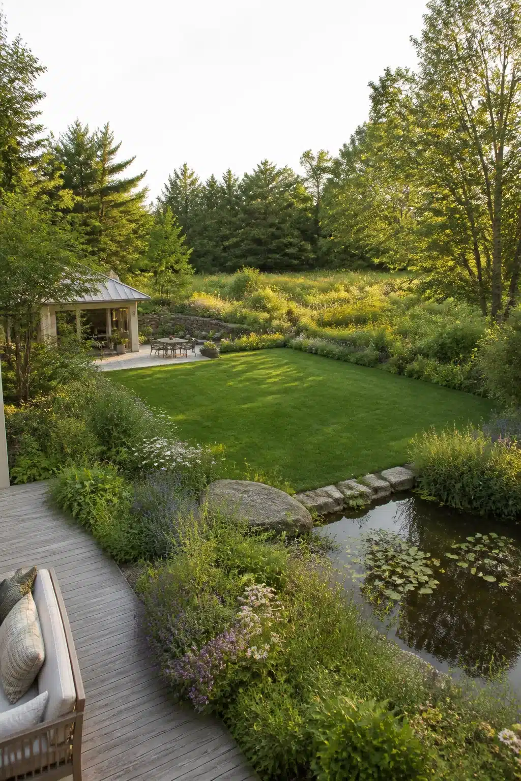 Large backyard landscaping ideas with a pond edge, clipped lawn, meadow slope, and covered pavilion dining area.