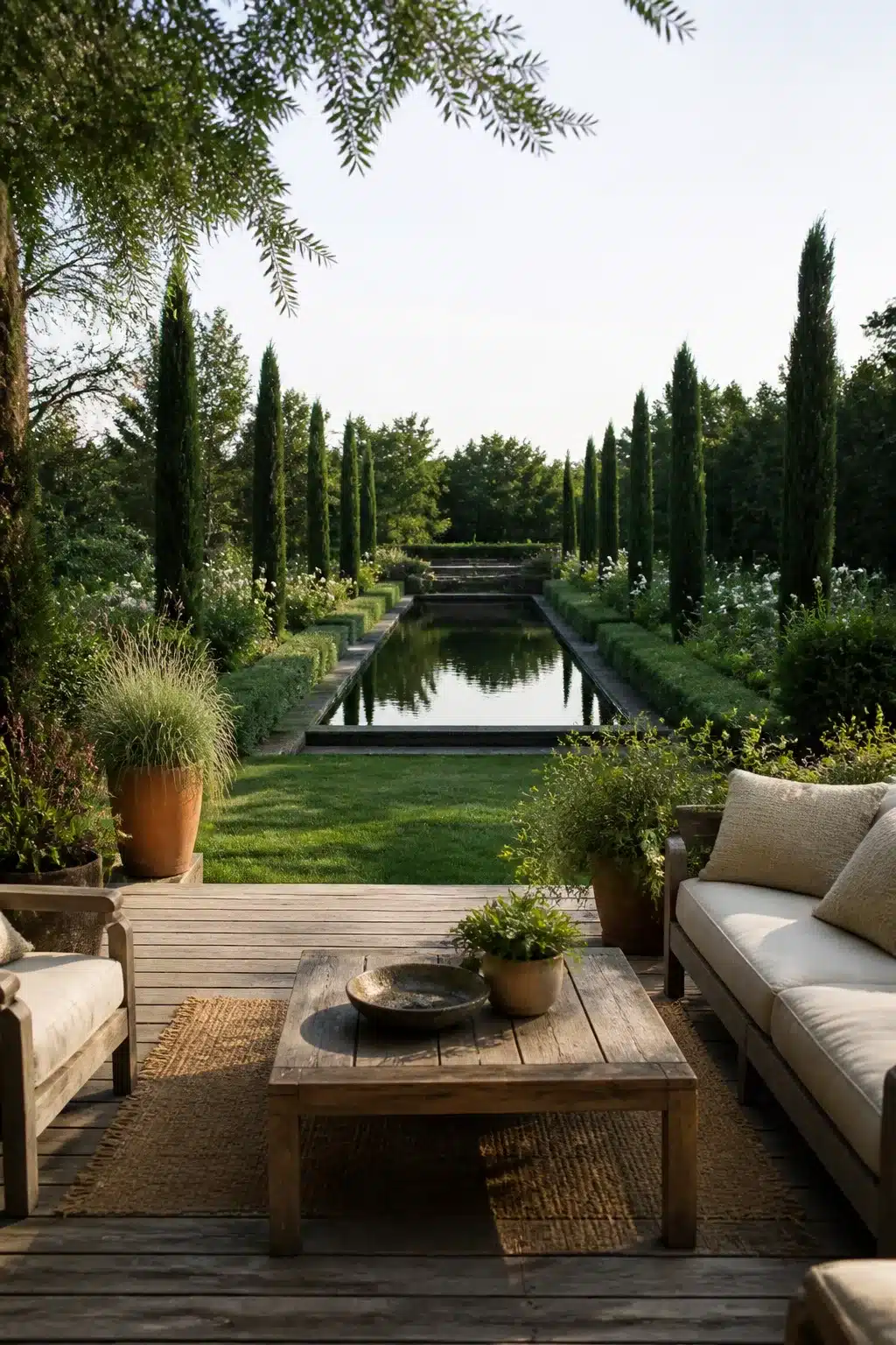 Large backyard landscaping idea with rectangular reflecting pool, cypress allée, and wood deck outdoor living area