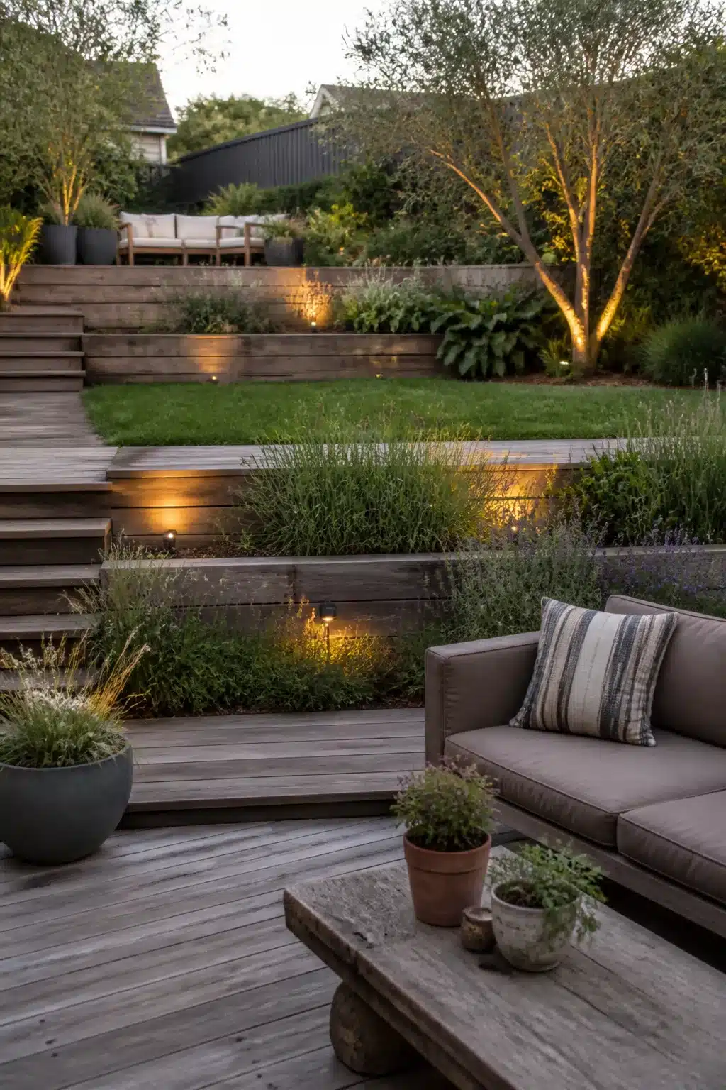 Large backyard landscaping ideas with multi-level weathered timber terraces, step lighting, and lavender planting at dusk.