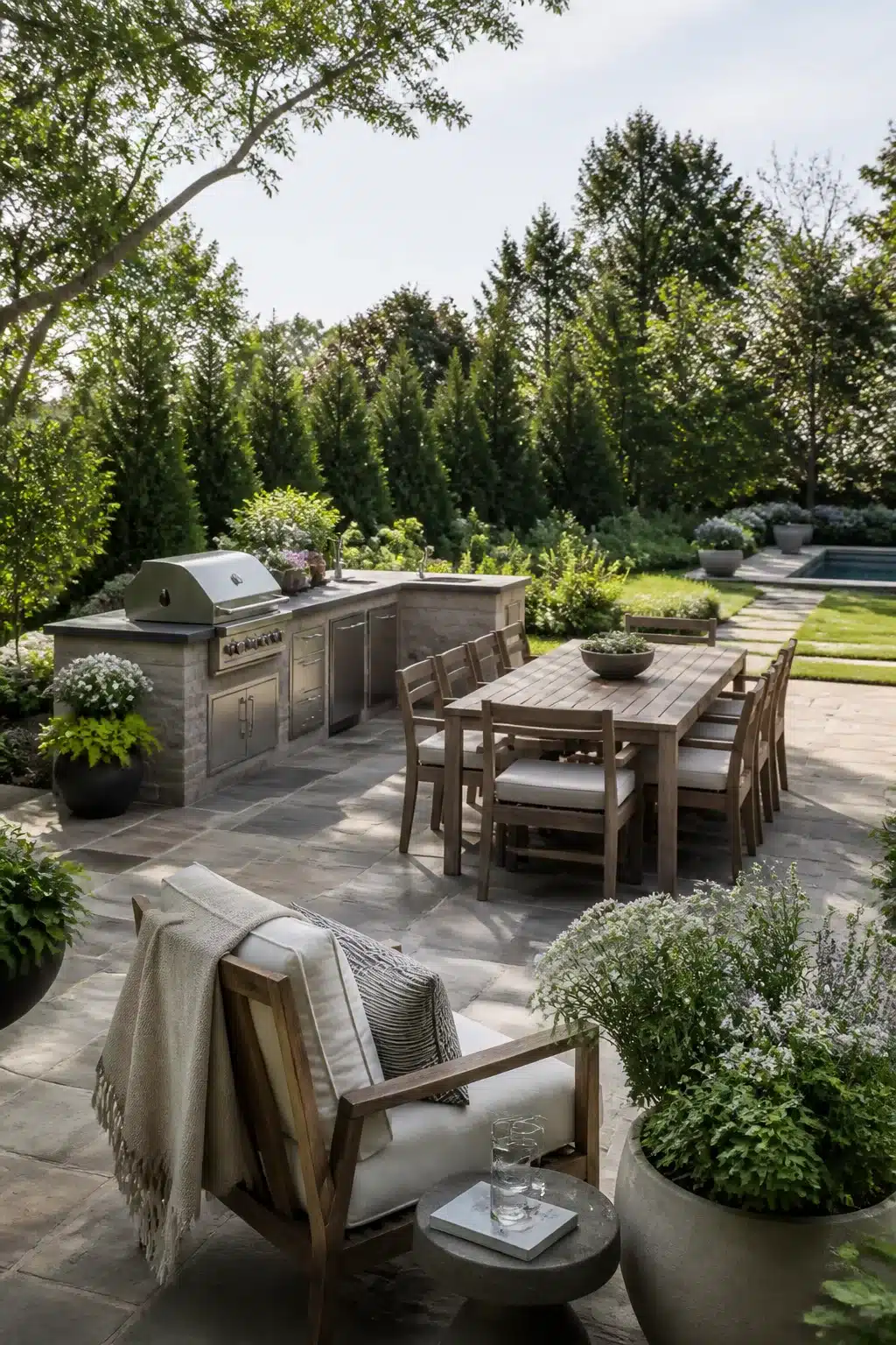 Large backyard landscaping idea with built-in outdoor kitchen, teak dining set, and lush evergreen backdrop on stone patio.