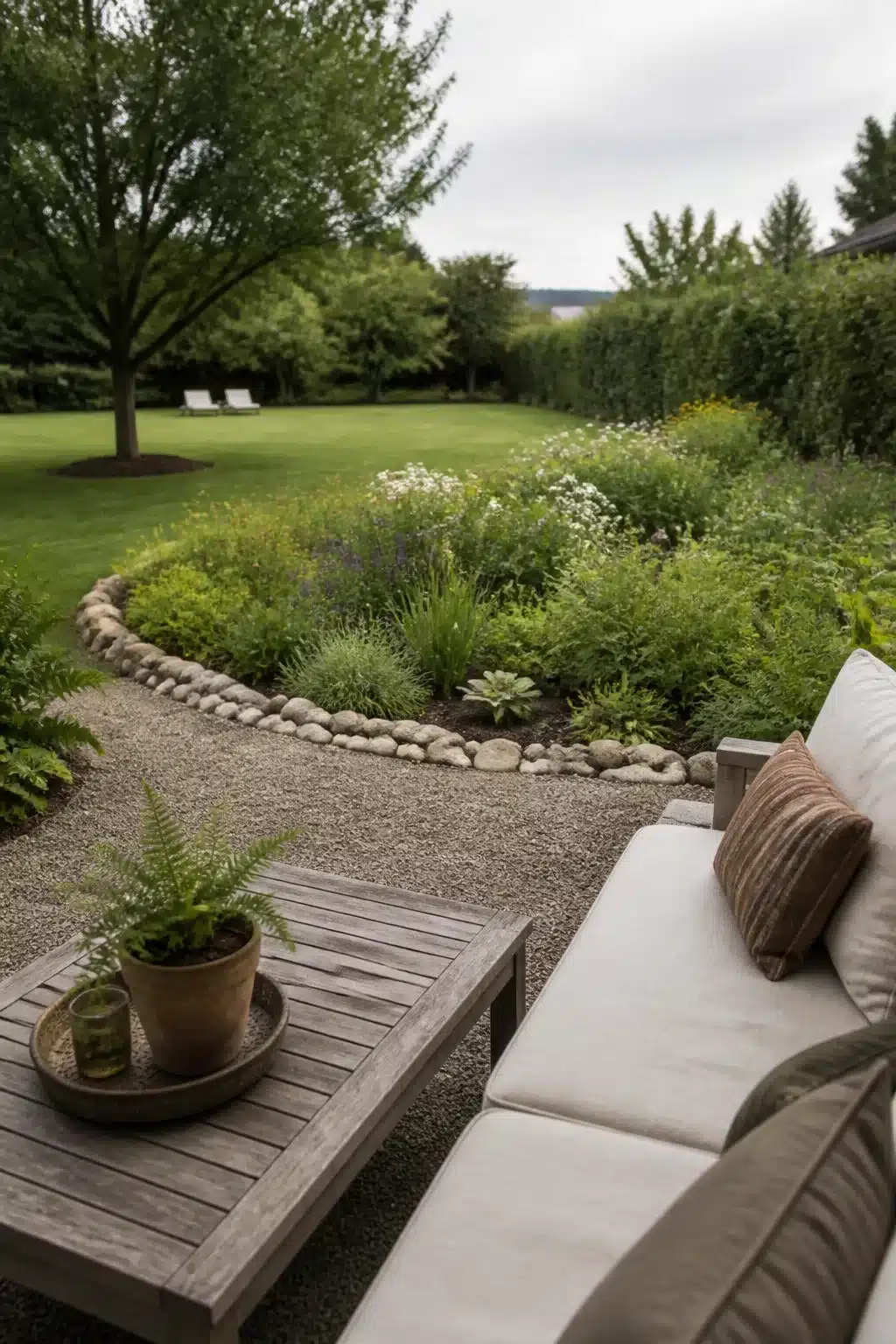 Gravel patio with river rock edged planting border — large backyard landscaping ideas with lush perennial beds