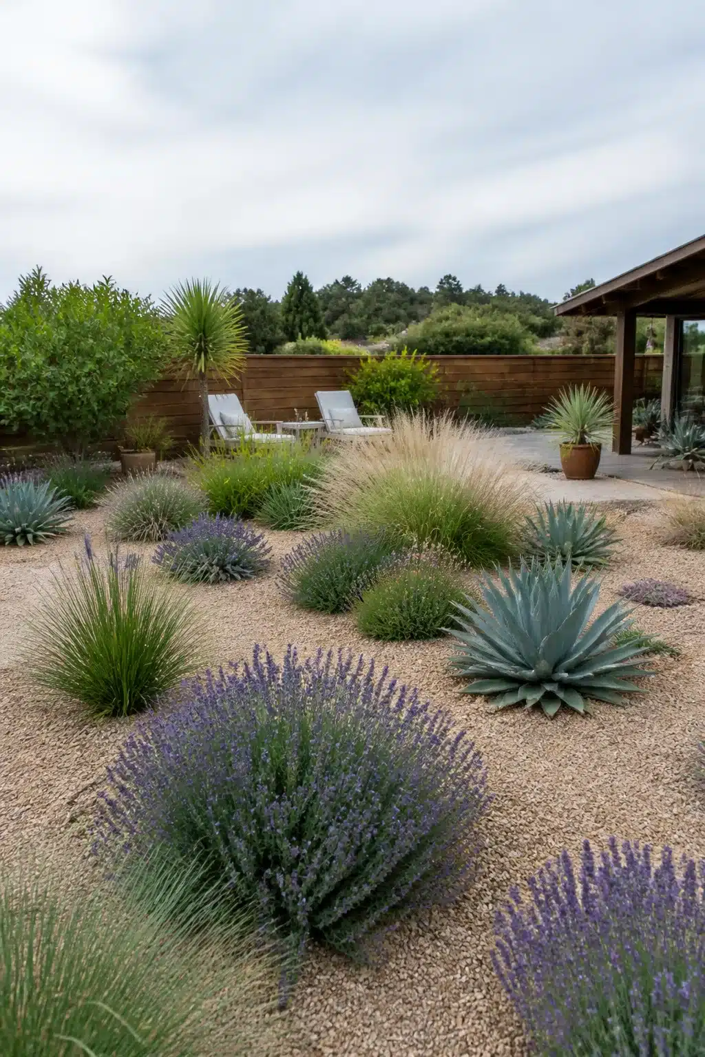 Large backyard landscaping idea with gravel garden, agave rosettes, lavender drifts, and ornamental grasses