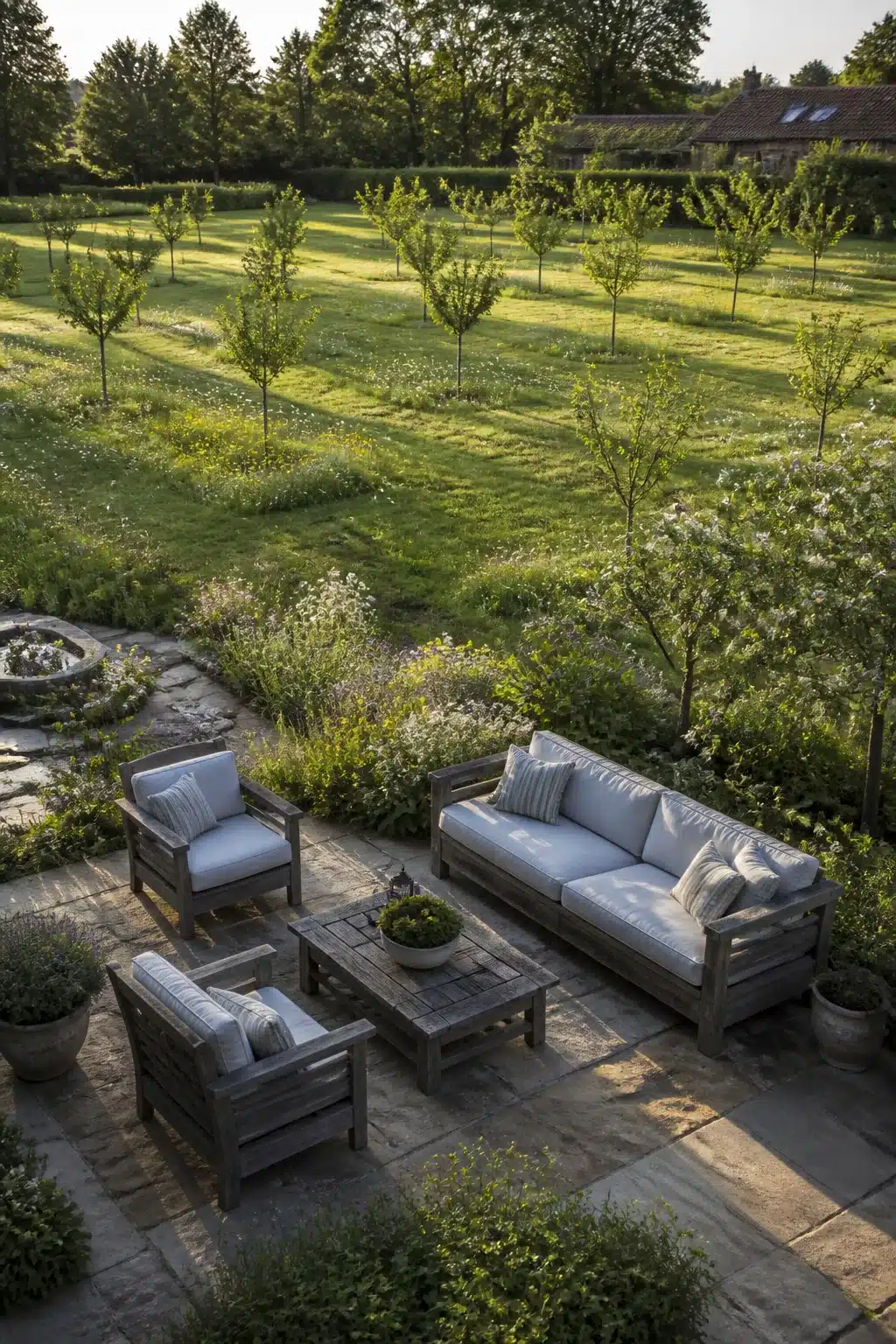 Large backyard landscaping ideas with orchard grid, wildflower borders, and teak seating on a stone patio.