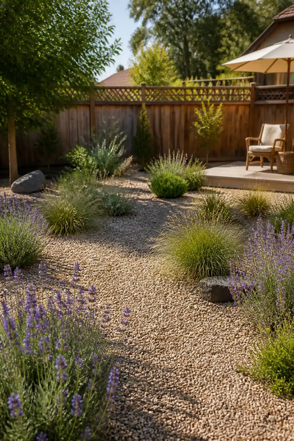 Pea gravel backyard with lavender and ornamental grasses — low maintenance backyard landscaping ideas for dry climates