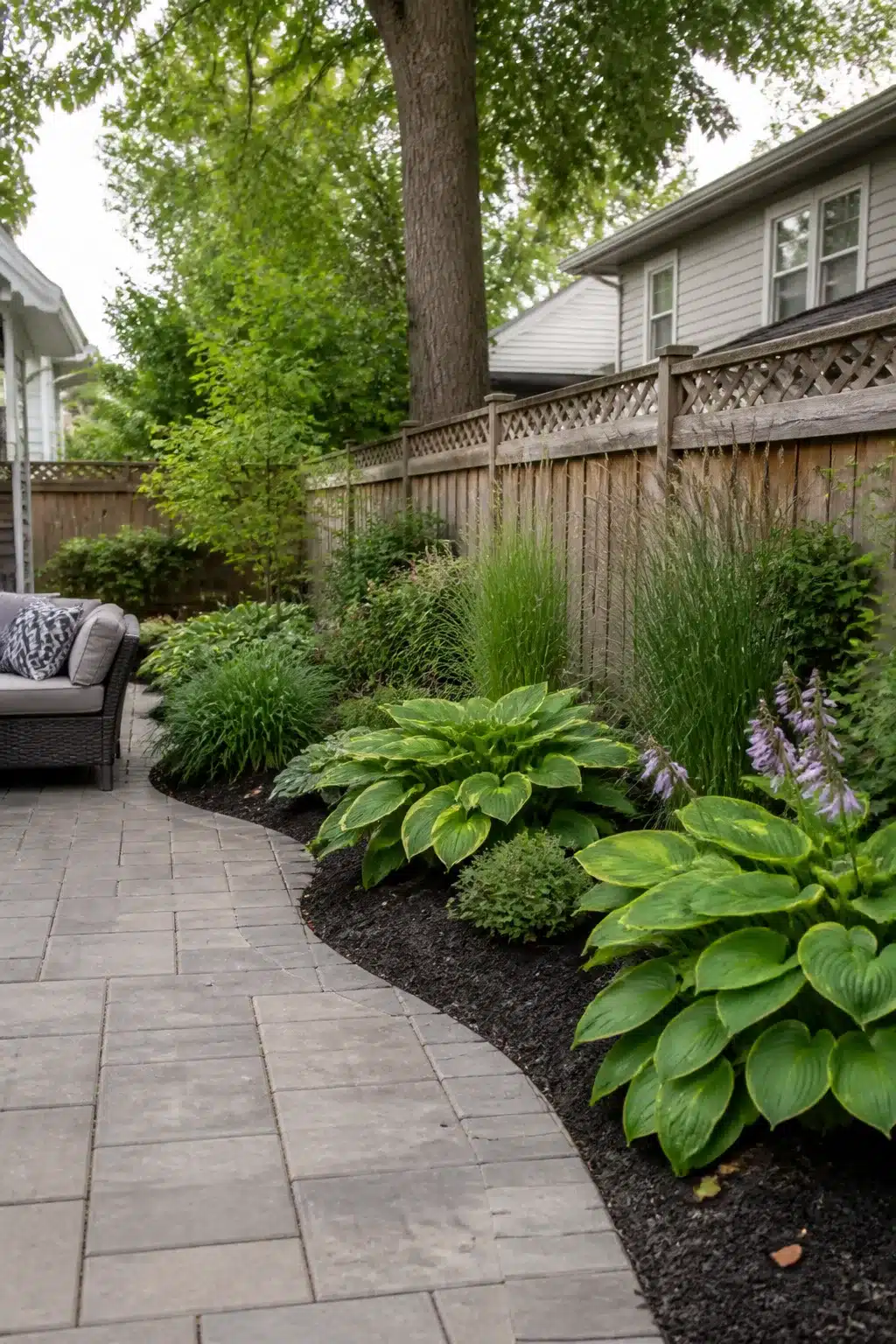 Black mulch bed with hostas and ornamental grasses — low maintenance backyard landscaping ideas for shady yards