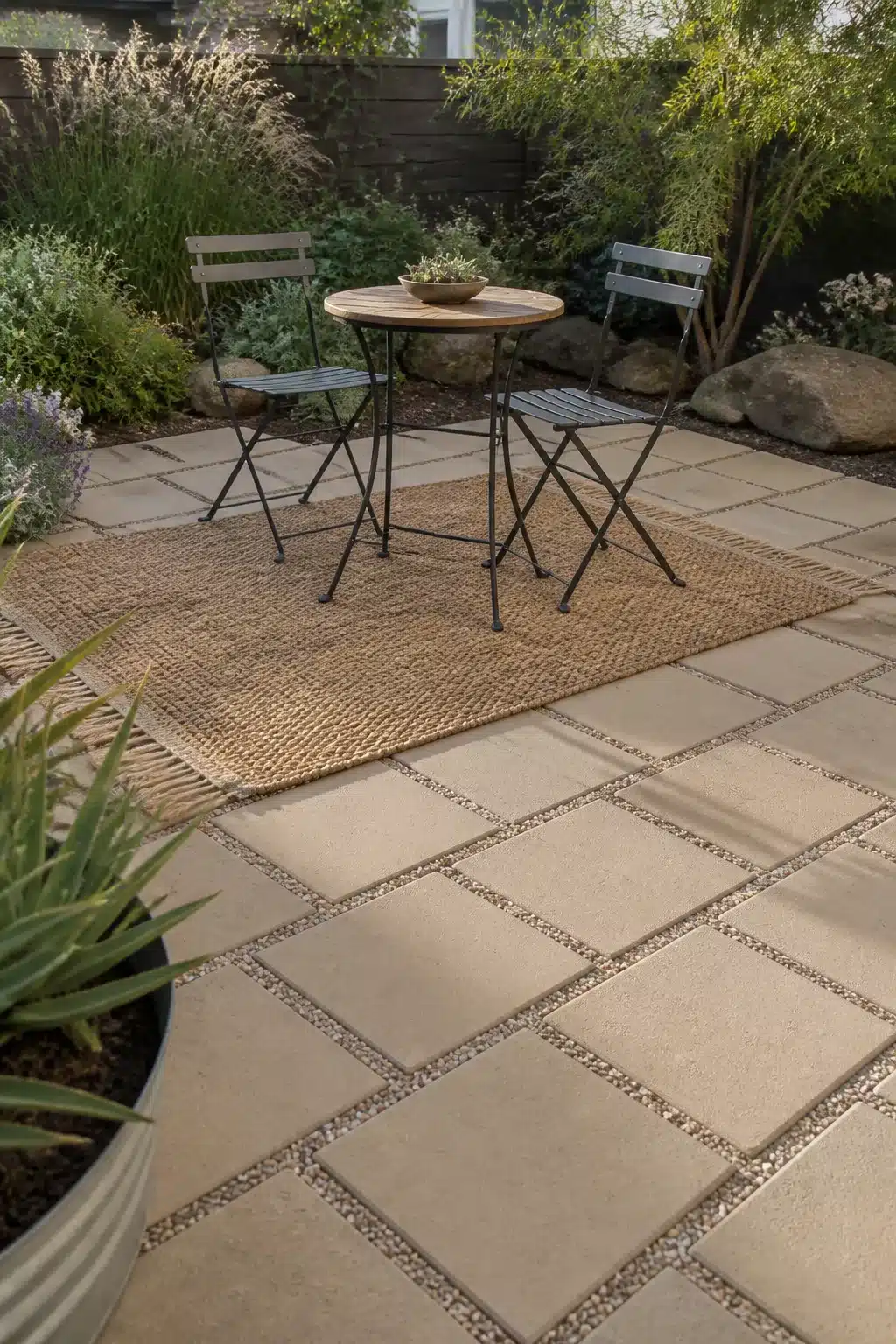 Sandy square pavers with gravel joints and bistro seating — low maintenance backyard landscaping ideas for a simple courtyard