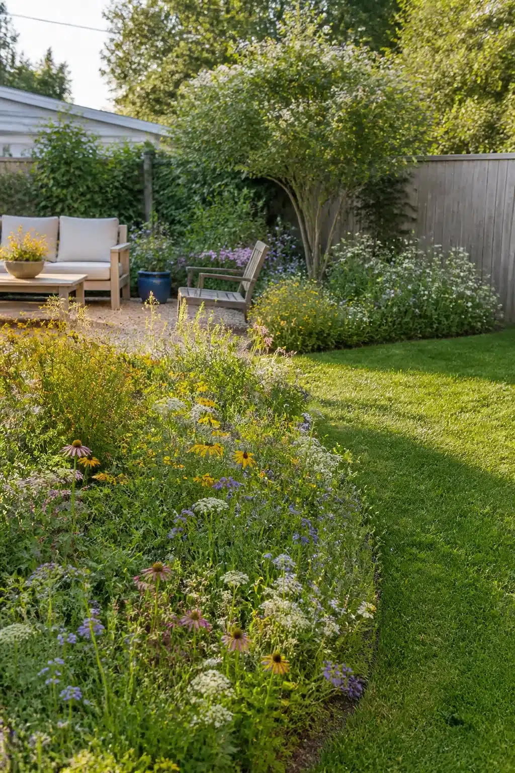 Wildflower border with coneflowers and gravel seating area — low maintenance backyard landscaping ideas