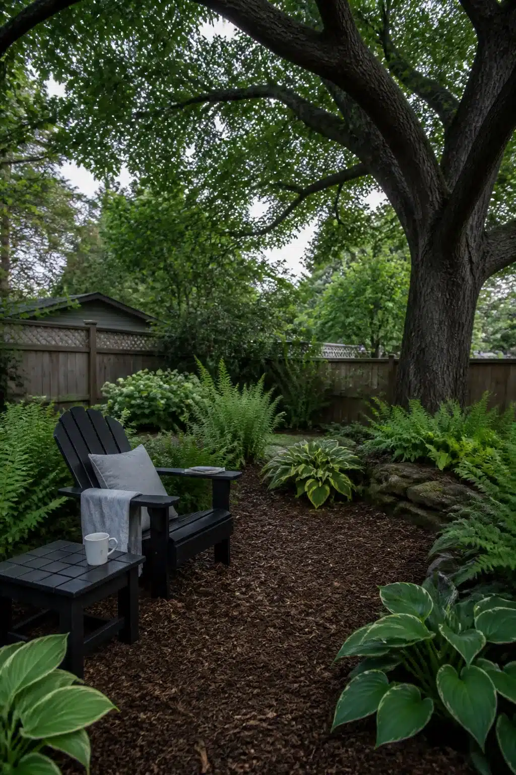 Shade garden low maintenance backyard landscaping ideas with ferns, hostas, bark chips, and black Adirondack chair under mature tree.