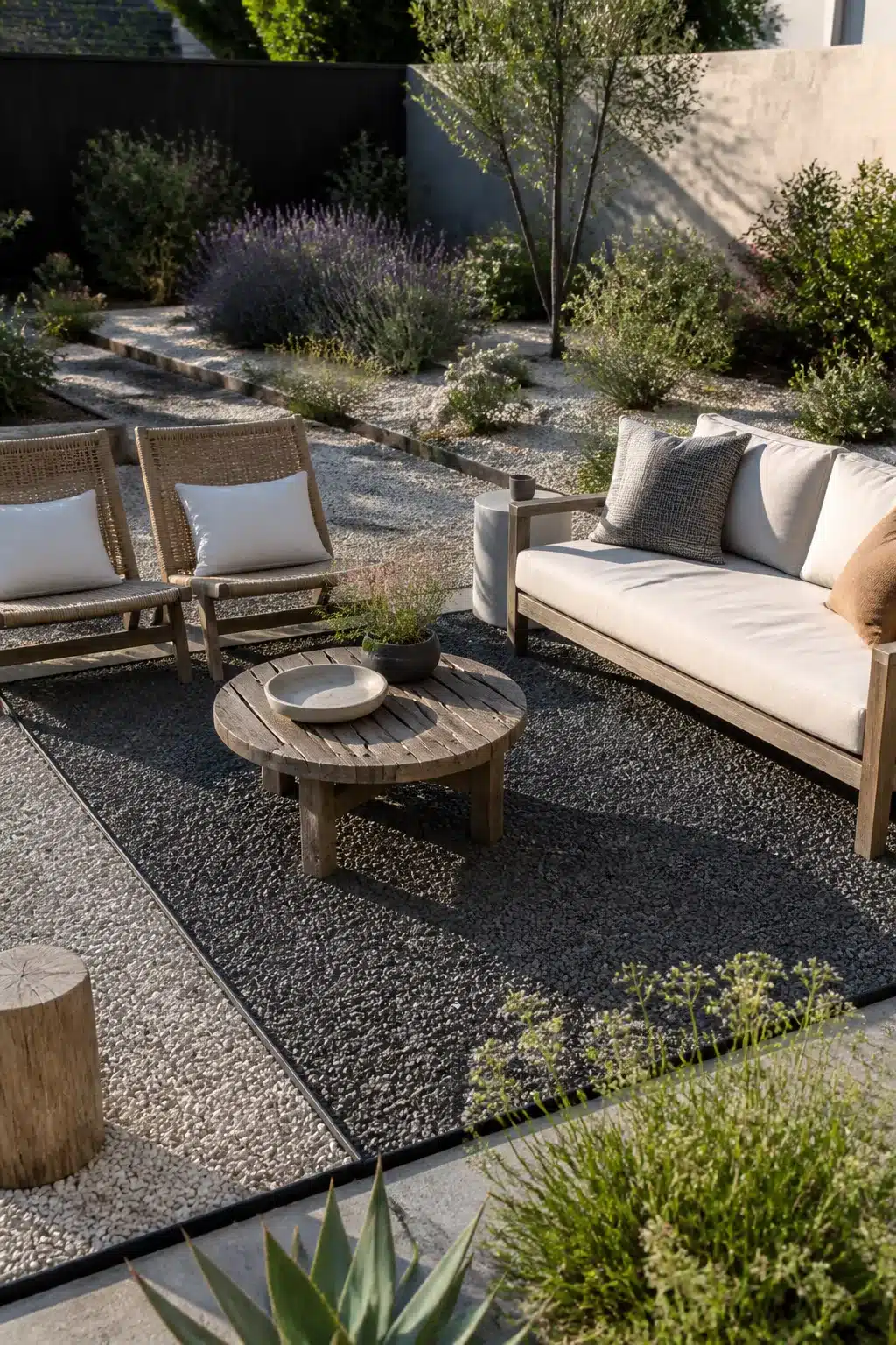 Dark charcoal gravel seating zone with steel border edging — low maintenance backyard landscaping ideas with contrasting gravel zones