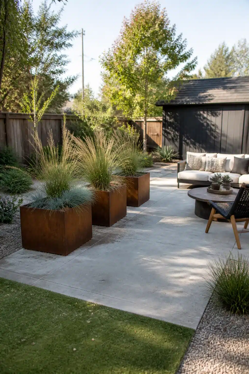 Corten steel cube planters with ornamental grasses on a concrete slab patio — low maintenance backyard landscaping ideas