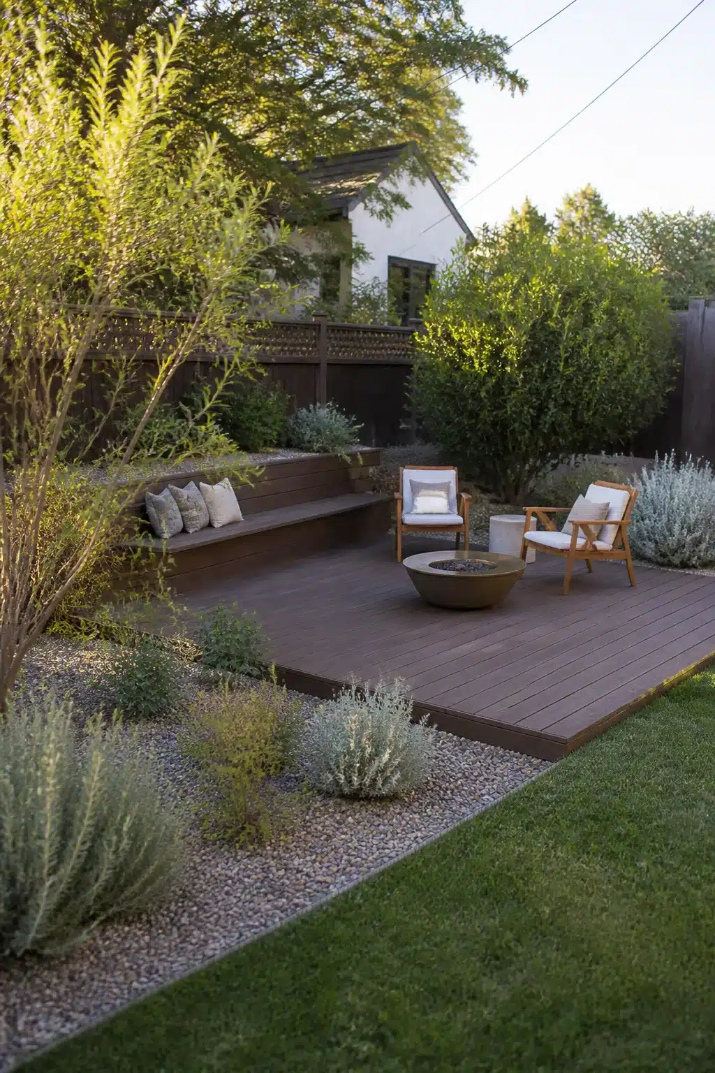 Ground-level composite deck with built-in bench and silver shrubs — low maintenance backyard landscaping ideas