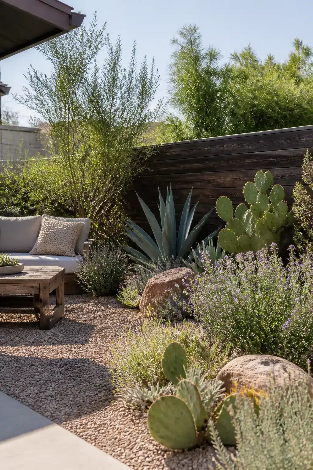 Xeriscape backyard with agave, prickly pear cactus and crushed gravel — low maintenance backyard landscaping ideas