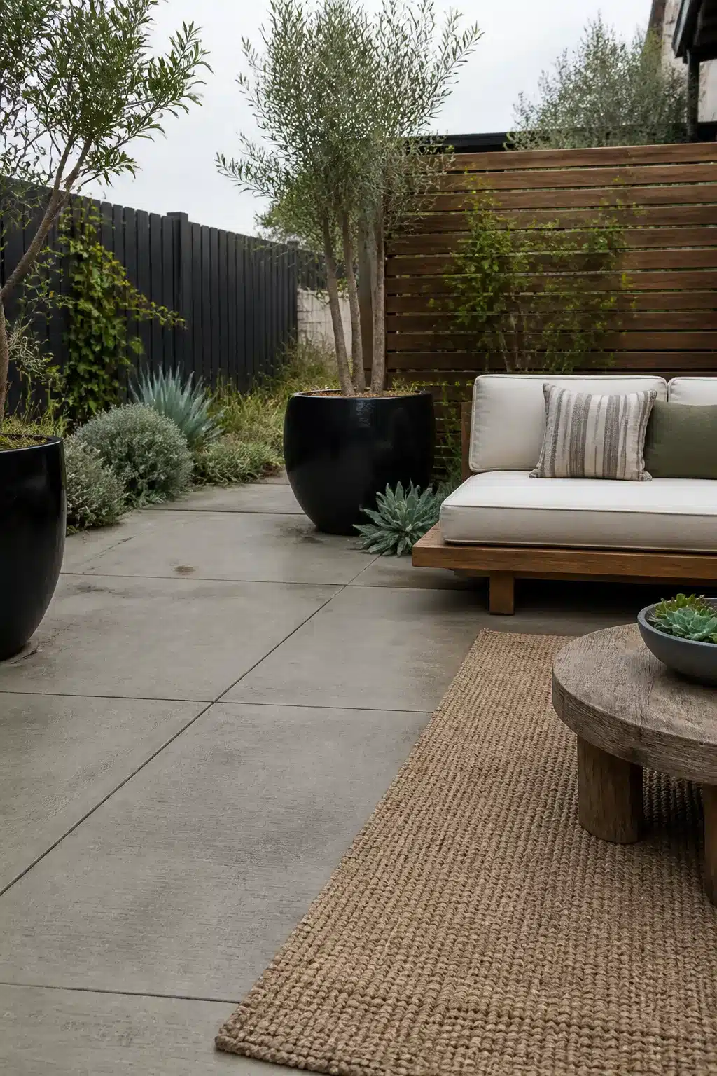 Low maintenance backyard landscaping idea with concrete slab patio, black ceramic planters, and potted olive trees.