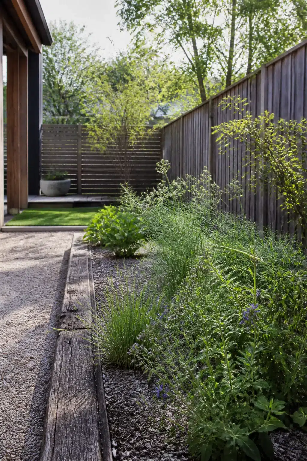 Weathered timber edging with self-seeding herbs and gravel — low maintenance backyard landscaping ideas for a side yard border.
