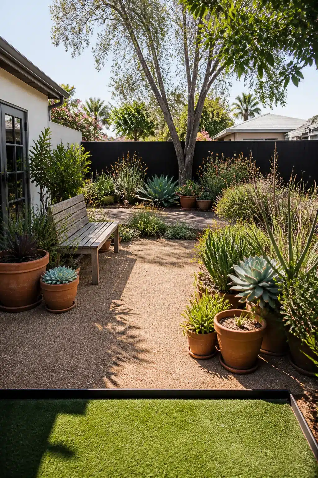 Decomposed granite backyard with terracotta succulent pots — low maintenance backyard landscaping ideas for dry climates