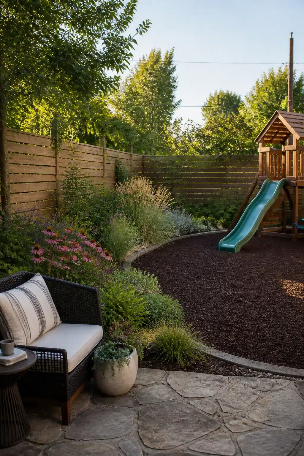Low maintenance backyard landscaping with dark rubber mulch play area, native perennial border, and flagstone patio seating.
