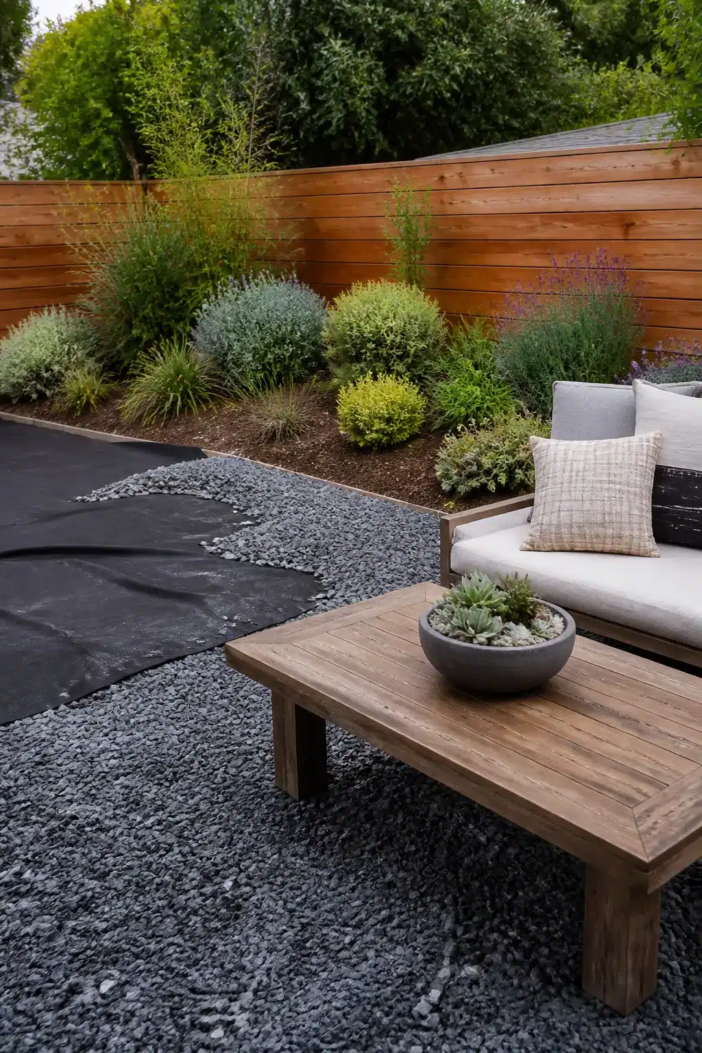 Low maintenance backyard landscaping idea with weed-suppressing landscape fabric under blue-gray gravel and teak seating