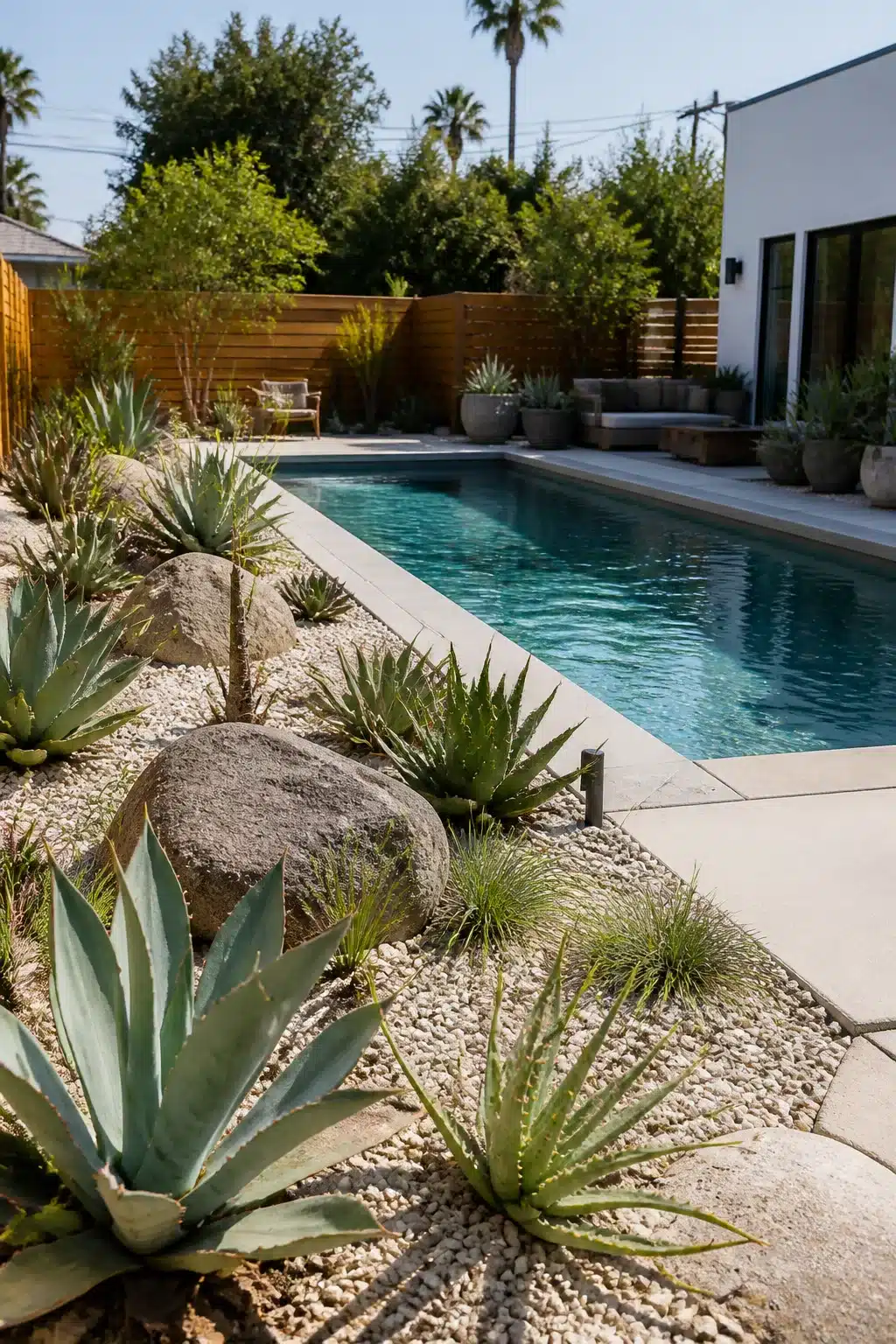 Low maintenance backyard landscaping with agave, granite boulders, and white gravel beside a rectangular pool