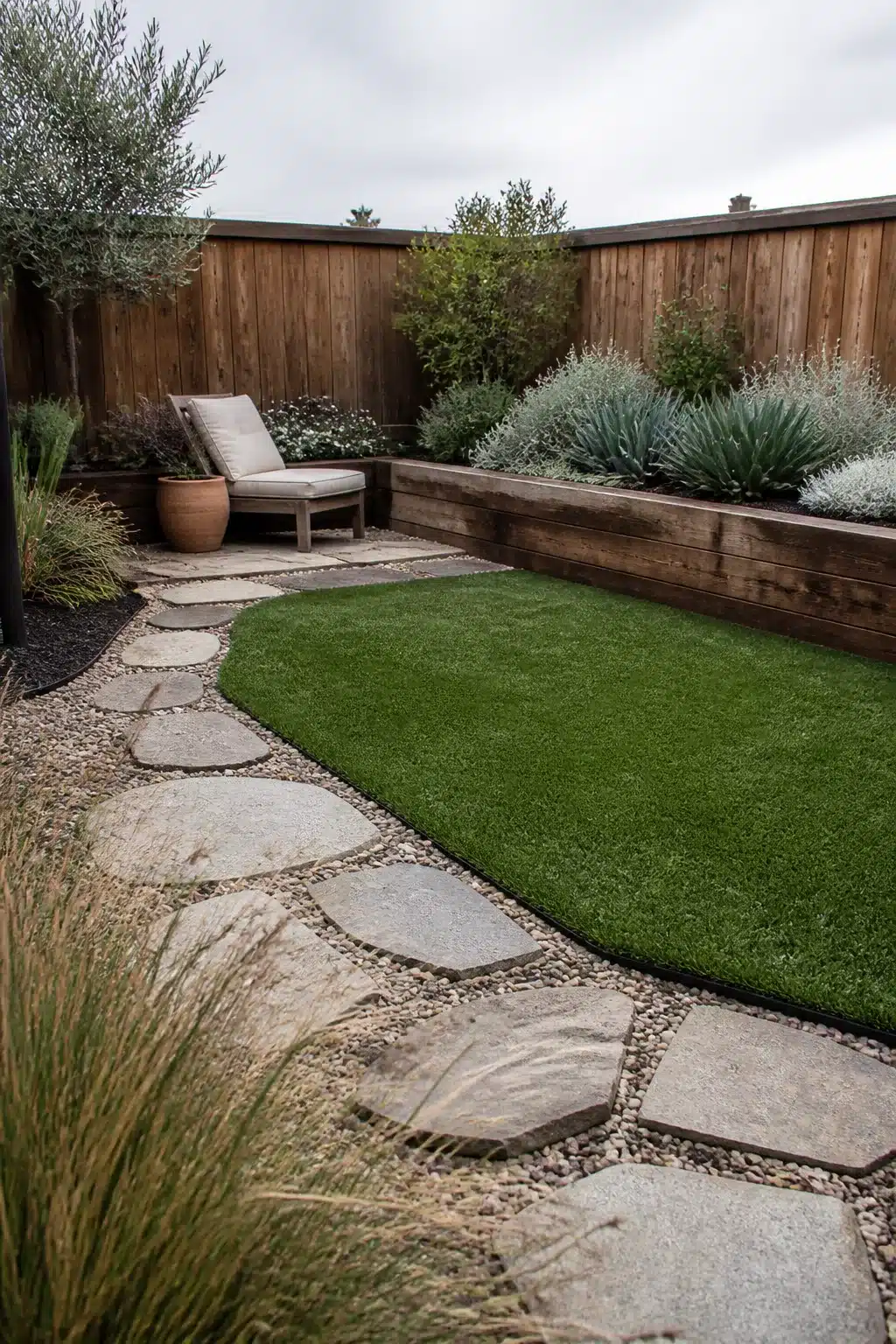 Artificial turf with flagstone steppers and gravel — low maintenance backyard landscaping ideas for a clean tidy yard