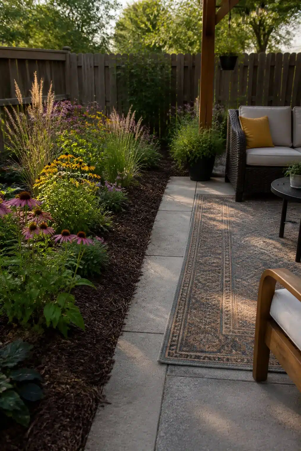 Dark mulch beds with native prairie perennials — low maintenance backyard landscaping ideas with concrete pavers and seating area.