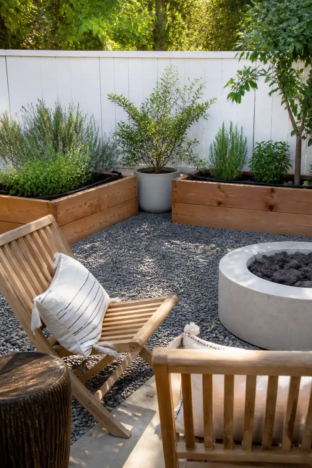 Cedar raised timber planters and concrete fire pit — low maintenance backyard landscaping ideas with gravel seating area.