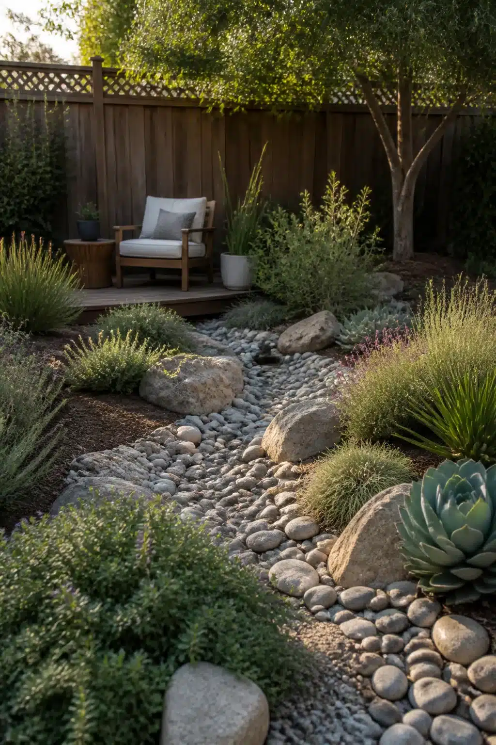 River rock dry creek bed with boulders and succulents — low maintenance backyard landscaping ideas for a drought-tolerant yard