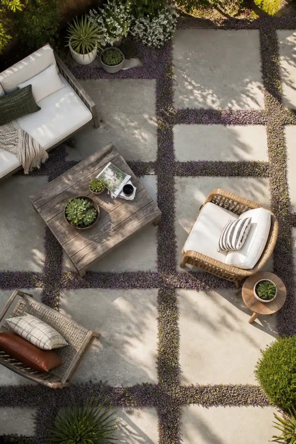 Overhead view of concrete pavers with creeping thyme grid joints — low maintenance backyard landscaping ideas with outdoor seating
