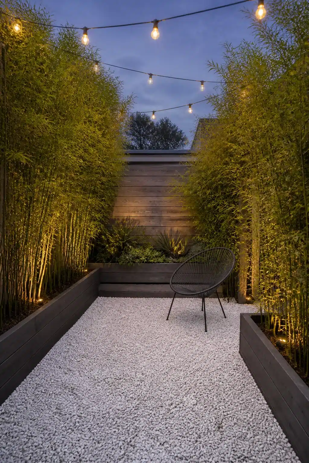 White gravel courtyard with bamboo screening — low maintenance backyard landscaping idea with string lights