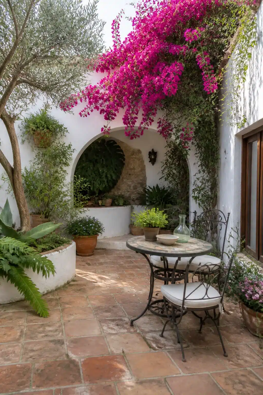 Pink bougainvillea arch over a terracotta tile patio — Mediterranean garden courtyard with wrought iron bistro table
