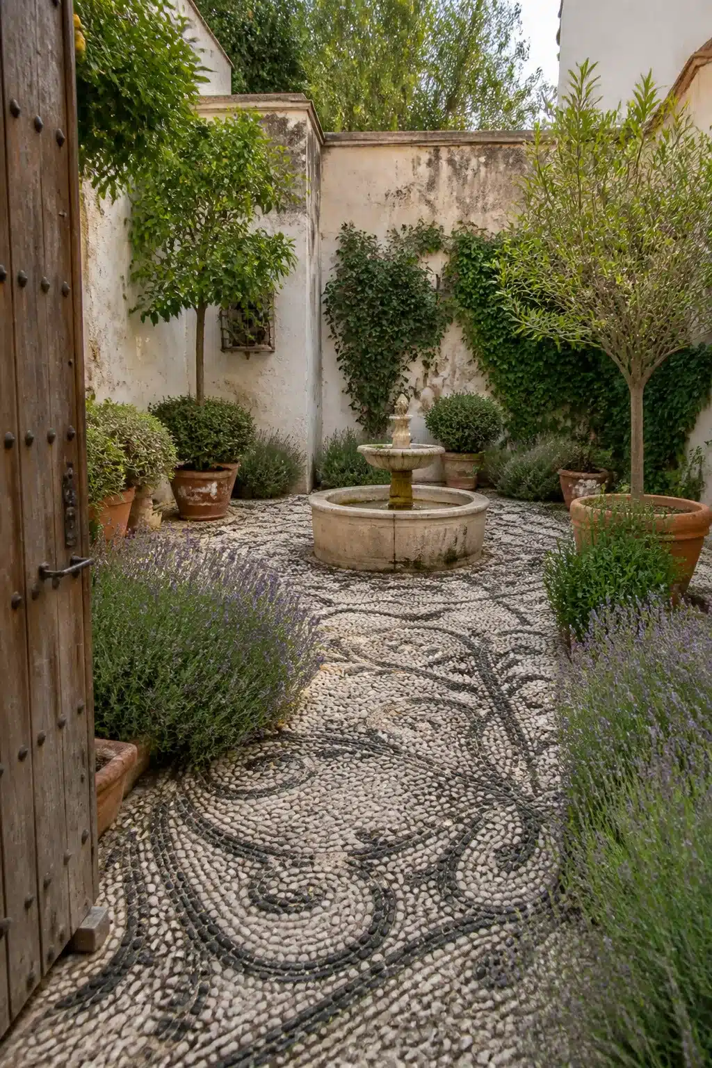 Pebble mosaic courtyard with stone fountain and lavender — Mediterranean garden courtyard inspiration