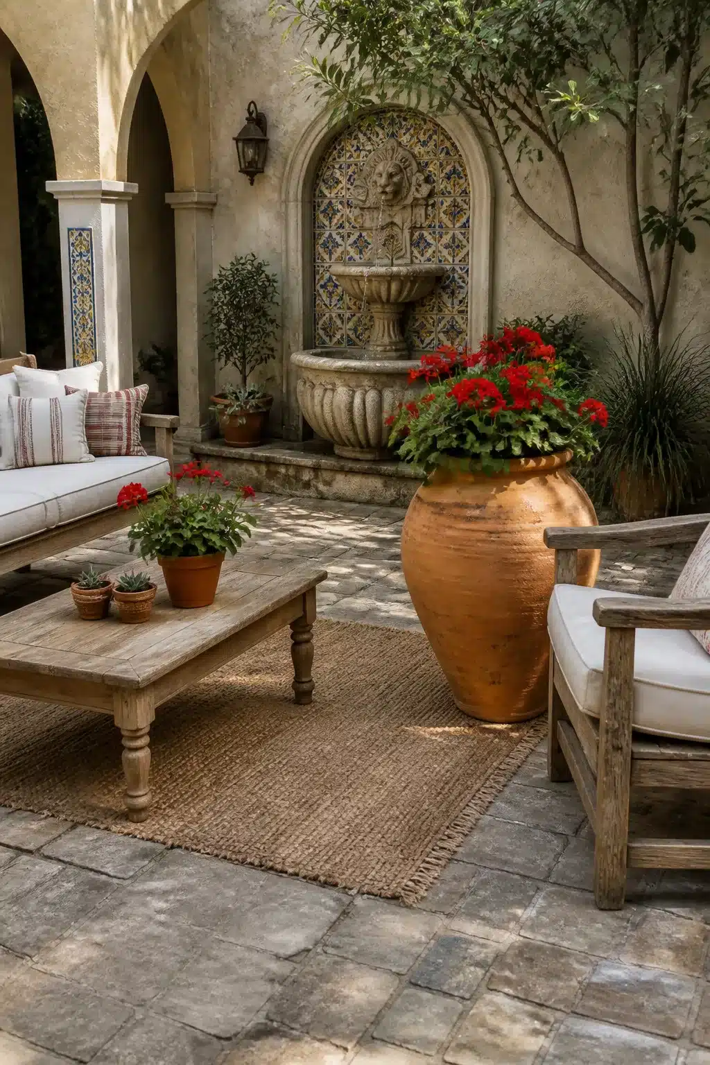 Spanish Colonial Mediterranean garden courtyard with stone wall fountain, Talavera tile niche, and terracotta urn planting