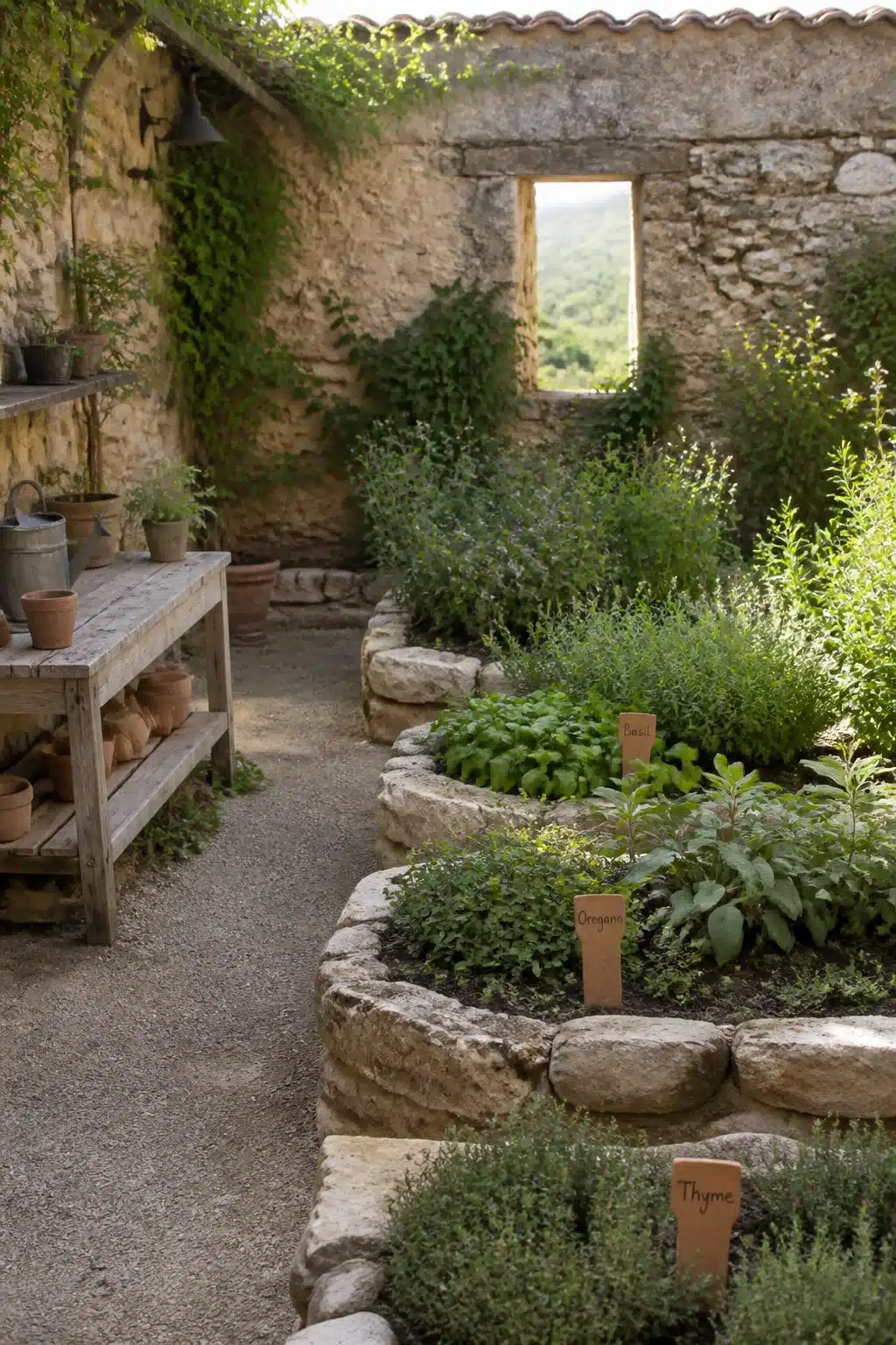 Raised stone herb garden beds with labeled thyme and oregano in a rustic Mediterranean garden courtyard.