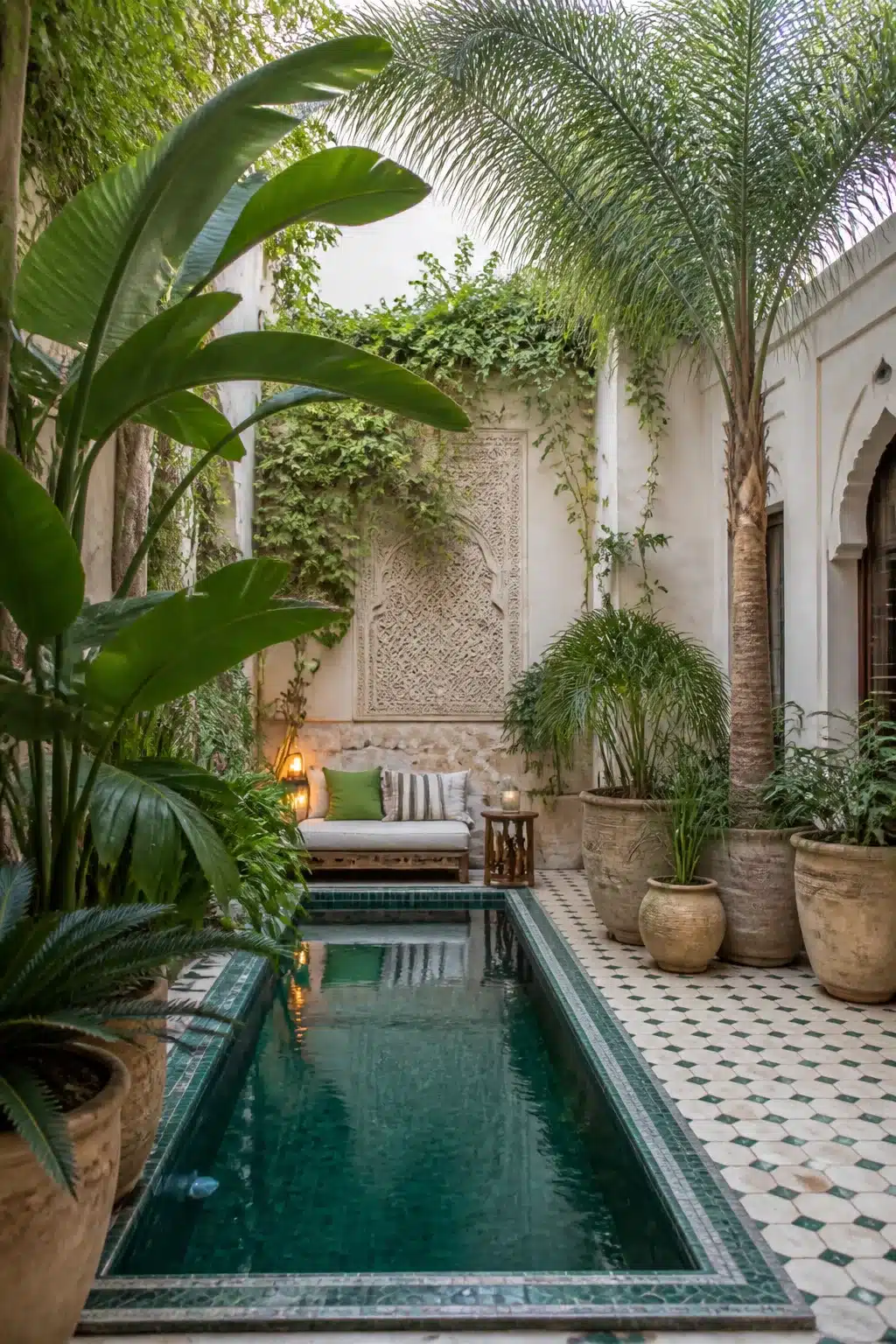 Riad-style Mediterranean garden courtyard with carved plaster wall, narrow green-tiled plunge pool, and tropical plants.