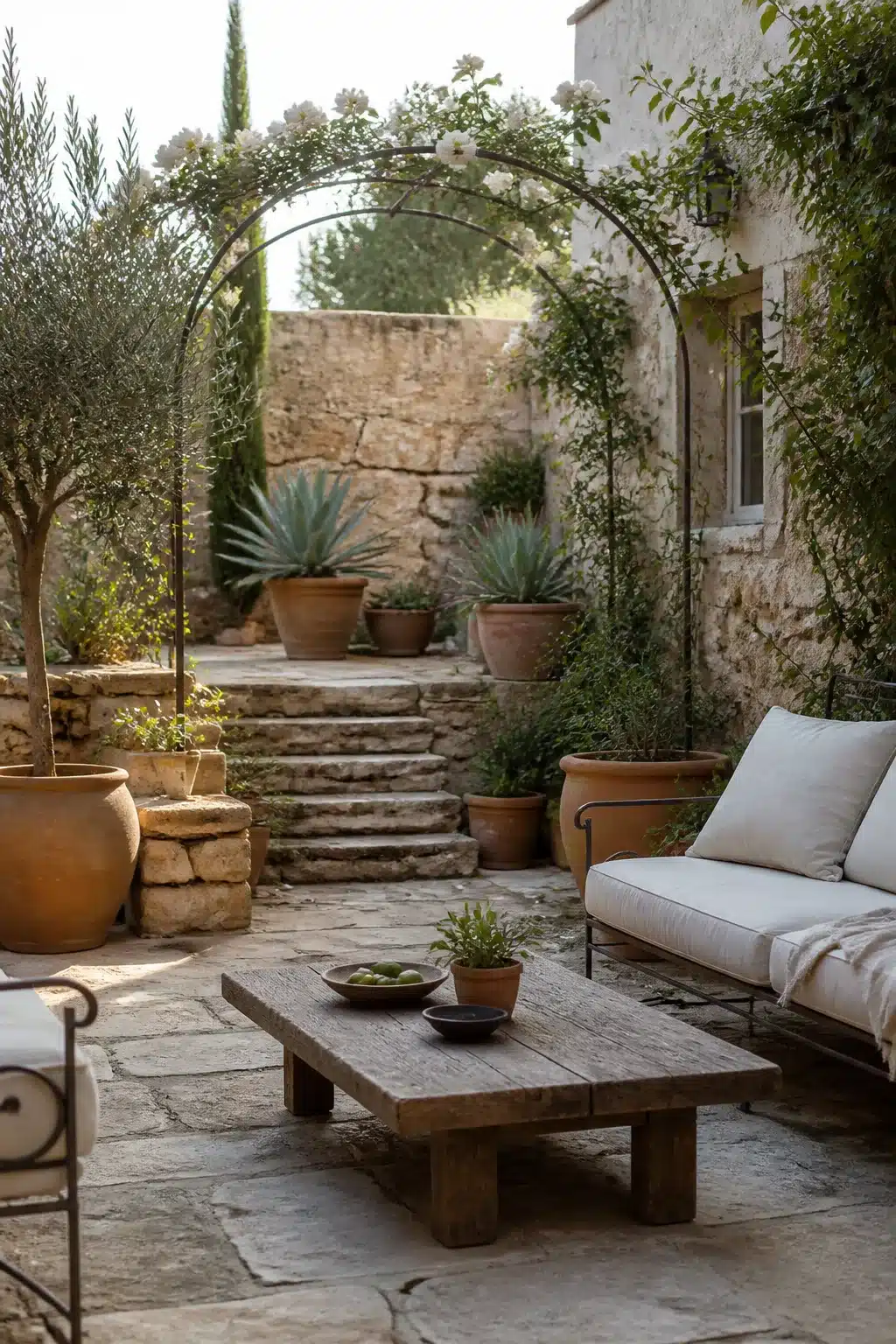 Mediterranean garden courtyard with iron rose arch, reclaimed wood table, stone paving and succulent planters