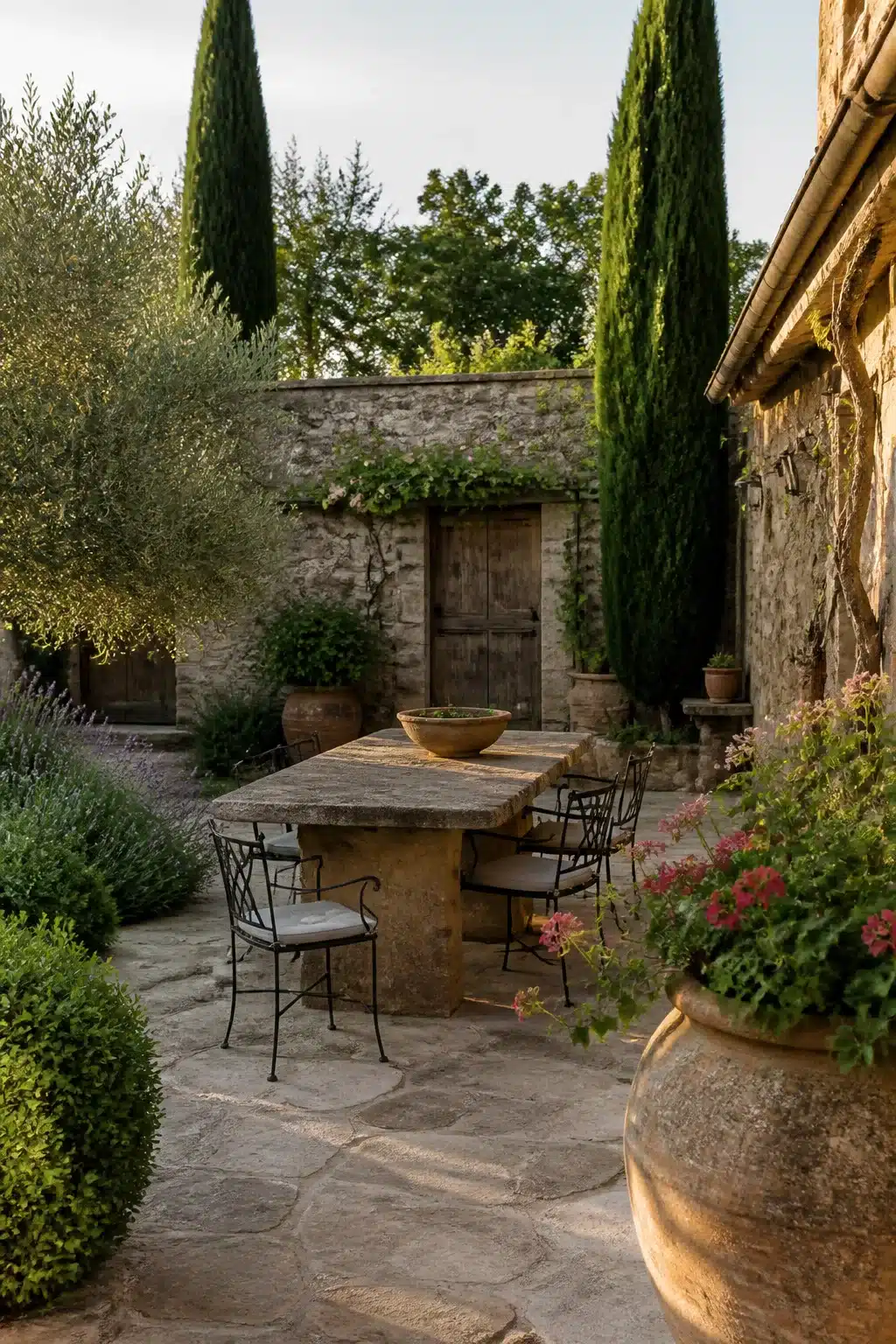 Tuscan farmhouse Mediterranean garden courtyard with stone dining table, cypress trees, and flagstone paving.
