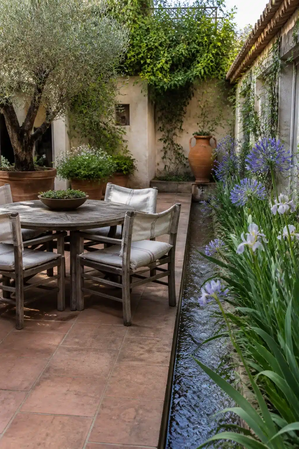 Mediterranean garden courtyard with a narrow water rill, agapanthus border, terracotta tiles, and outdoor dining area.