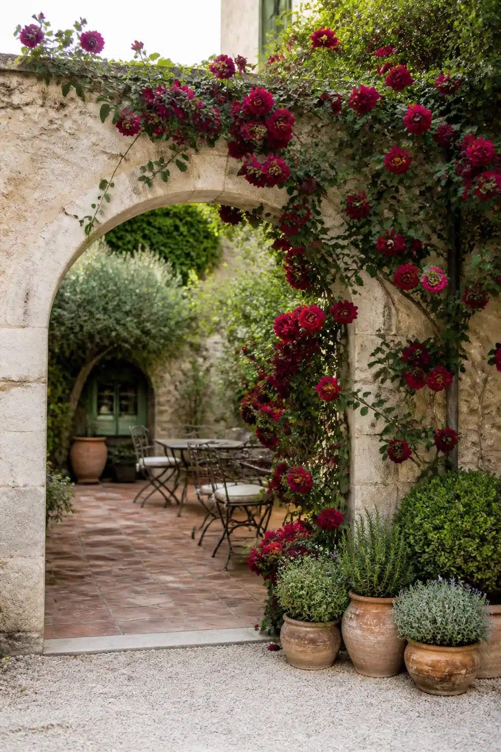 Deep red dahlias climbing a limestone arch in a Mediterranean garden courtyard with wrought iron seating and terracotta pots