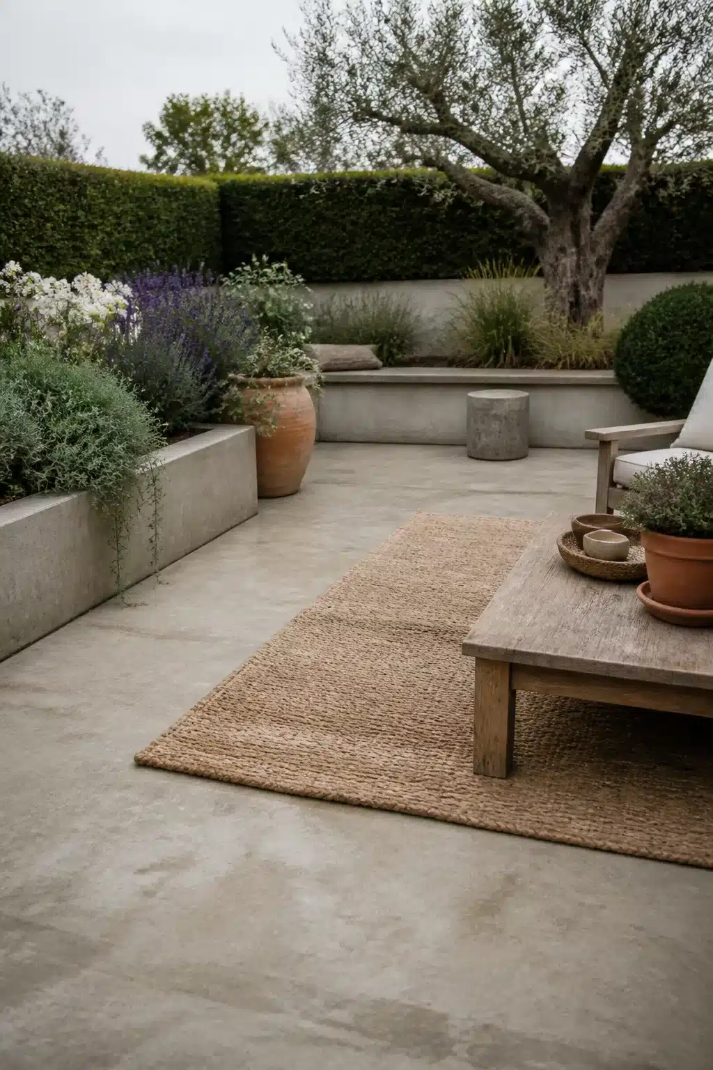 Modern Mediterranean garden courtyard with smooth concrete raised beds, lavender planting, jute rug, and olive tree